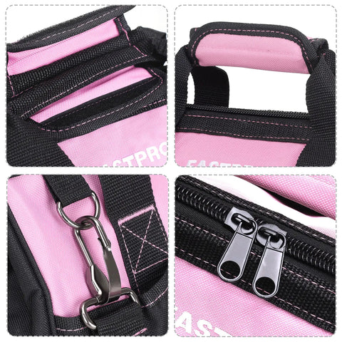 Close-up of pink tool bag for women 14 inch zip top wide mouth organizer with adjustable shoulder strap and durable zippers