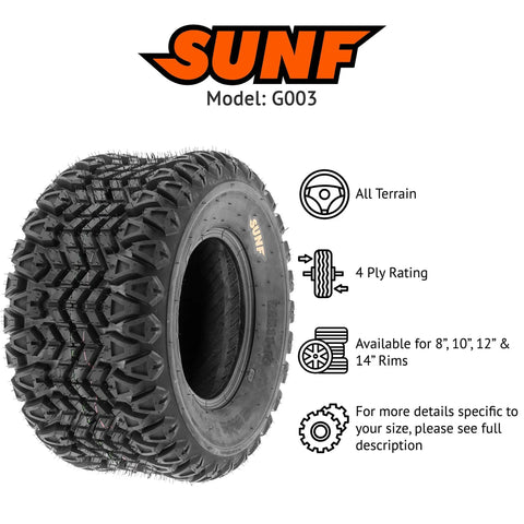 Set Of 2 20x108 ATV UTV Tires 4 Ply Heavy Duty Non Directional Tread Built For Quad Golf Cart Lawn Mower All Terrain Use Puncture Resistant Replacement Tire Rim Not Included, close-up of tire tread and brand logo