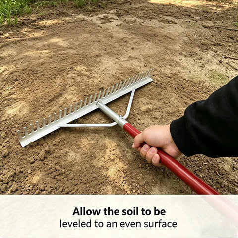 Using all aluminum landscape rake with 66 inch handle and 36 inch wide head for leveling soil in garden