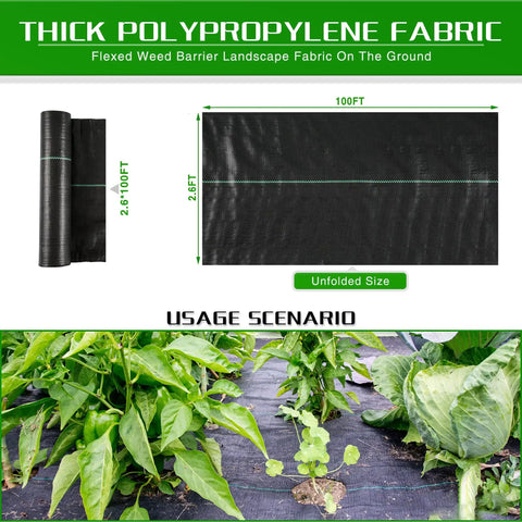 Heavy Duty Weed Barrier Landscape Fabric 2.6 Ft By 100 Ft Thick Garden Blocker Cloth Weed Mats for weed control shown in garden setup