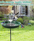Outdoor Solar Powered Bird Bath With Fountain For Hummingbirds, mounted on a Durable 5 Prong Metal Stake Stand in garden setting