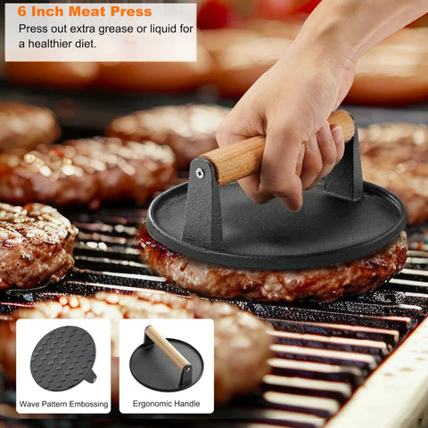 Pro Grade Griddle Accessories Kit With Smash Burger Press in use on grilled burger patty, close-up of ergonomic handle.
