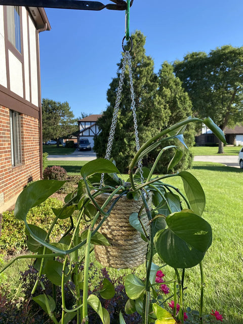 Sixteen Gauge 15 Foot Zinc Plated Single Jack Chain for hanging a planter outdoors, showcasing corrosion resistance and durability.
