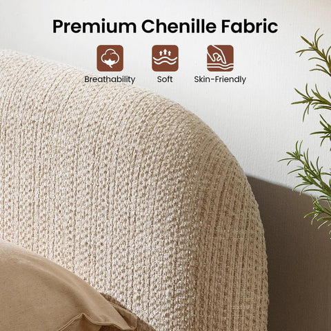 Close-up of premium chenille upholstery on headboard of Queen Lift Up Storage Bed Frame With Adjustable Headboard Featuring Premium Chenille Upholstery And Smooth Curved Edges For A Chill Sleep Vibe And Solid Setup In Beige.