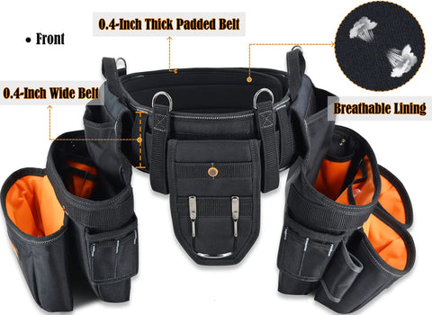 Front view of Carpenter Tool Belt With Suspenders 39 Pockets Padded 4 Inch Belt Kit with labeled features and breathable lining.