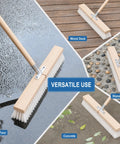 Heavy Duty Push Broom With Rock Solid Four Layer Stiff Plastic Bristles And A Beefy Wooden Handle, ideal for wet, wood, stone, and concrete surfaces.