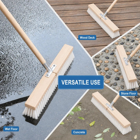 Heavy Duty Push Broom With Rock Solid Four Layer Stiff Plastic Bristles And A Beefy Wooden Handle, ideal for wet, wood, stone, and concrete surfaces.