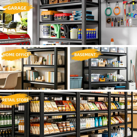 Multiple views of Heavy Duty Steel Garage Shelving Unit 48 Inch Wide Five Shelf Storage Rack Ideal For Tools Bins And Heavy Equipment