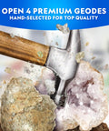 Break Open Four Geodes Science Kit With Goggles And Display Stand For STEM Learning showing cracked geode with crystals exposed