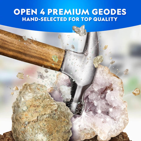 Break Open Four Geodes Science Kit With Goggles And Display Stand For STEM Learning showing cracked geode with crystals exposed