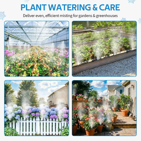 Outdoor Misting System For Patio And Garden, 26Ft Flexible Tubing With 7 Brass Nozzles All 3/4 Inch Brass Adapter setup in greenhouses