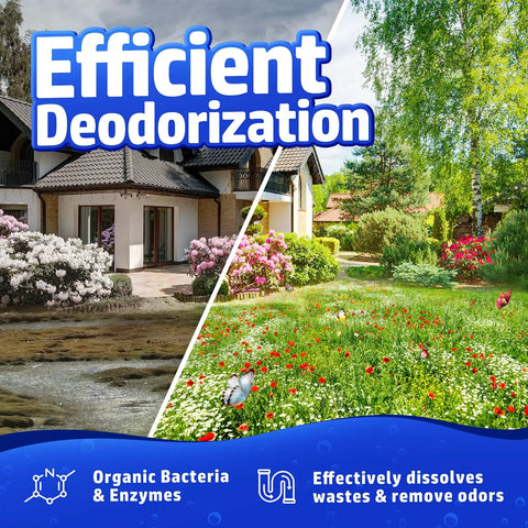 Septic Tank Treatment 12 Pack For 1 Year Supply, Dissolvable Enzyme Packs, before and after lawn deodorization effect