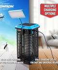 Front view of Two In One Solar Powered Bug Zapper With UV Light And LED Lamp, USB C Backup Charging, showing solar panel and cable.
