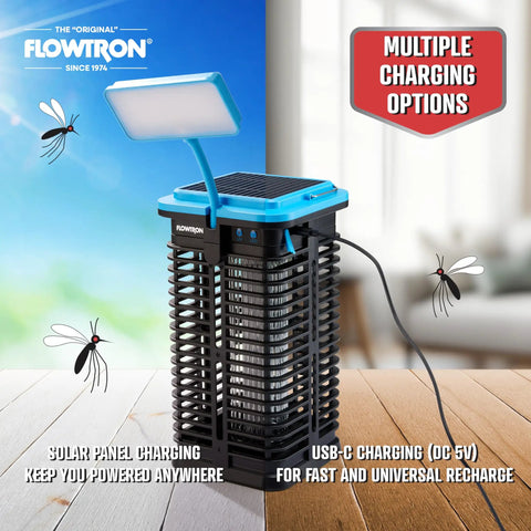 Front view of Two In One Solar Powered Bug Zapper With UV Light And LED Lamp, USB C Backup Charging, showing solar panel and cable.