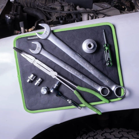Magnetic Tool Pad 12.5 x 9.75 Inch Flexible Magnet Tray In Green And Black holding tools on car hood