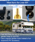 1/2 Inch Quick Connector Hose Adapter For 3/4 Inch Garden Hose RV Spray Port Outlet Brass With PTFE Tape shown near RV