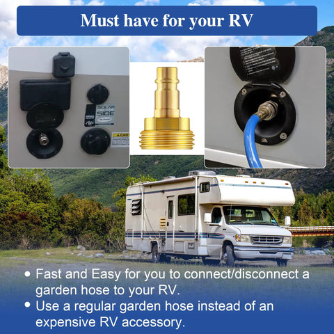 1/2 Inch Quick Connector Hose Adapter For 3/4 Inch Garden Hose RV Spray Port Outlet Brass With PTFE Tape shown near RV
