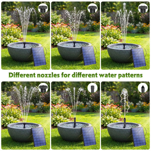 Different water patterns from nozzles using Separate Solar Panel Solar Fountain Pump Kit With 2.5W Panel 6 Nozzles 10Ft Cable Outdoor DIY Solar Powered Water Fountain For Bird Bath Garden Pond Fish Tank Patio shown in a garden.