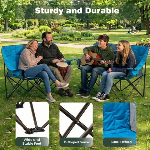 Family enjoying Foldable Double Camping Chair With Storage For Two People Cozy Loveseat Style Outdoor Lounge in park