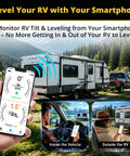 Wireless RV Leveling System With Real Time App for Easy Setup and Precise Level Road Trippin Ready shown on smartphone near RV