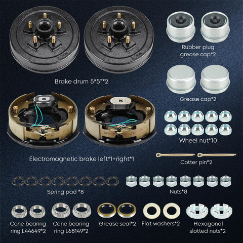 Front view of trailer drum brake kit with two 10x2-1/4 in drums and hardware for 5 on 4.5 in bolt circle