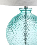 Aqua Diamond Etched Glass And Crystal Table Lamp 26 Inch Tall Coastal Transitional Bedside Light With White Linen Drum Shade LED Bulb Included ETL Listed Energy Saving Modern Home Decor showing aqua glass base and white shade.