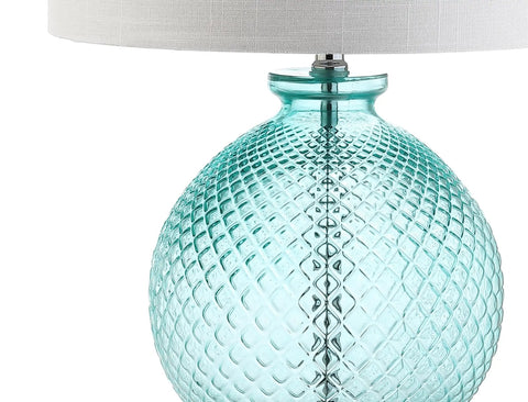 Aqua Diamond Etched Glass And Crystal Table Lamp 26 Inch Tall Coastal Transitional Bedside Light With White Linen Drum Shade LED Bulb Included ETL Listed Energy Saving Modern Home Decor showing aqua glass base and white shade.