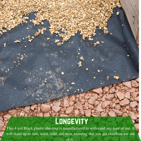 Heavy Duty 4 Mil Black Plastic Sheeting Weed Barrier installed beneath gravel in outdoor garden for weed control
