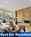 Modern living room with 8 inch DLE recessed lighting kit in aged copper, LED downlight module installed, warm ambiance.