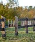 4x4 Fence Post Ground Spike Anchor 36 Inch Steel Black Powder Coated No Dig Install with wooden fence posts in a grassy area