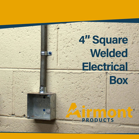 4 Inch Square Electrical Box With Ten Half Inch And Six TKO Knockouts, Welded Steel Construction, installed on a wall