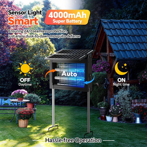 Image of Go To Outdoor Dual Solar Panel Mosquito Zapper With 4500V Insect Killer IPX5 Waterproof And Cordless Portable Design in a garden.