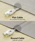 Flat white Cat 6 Ethernet cable with RJ-45 connectors, tucked under a rug to show flexibility.