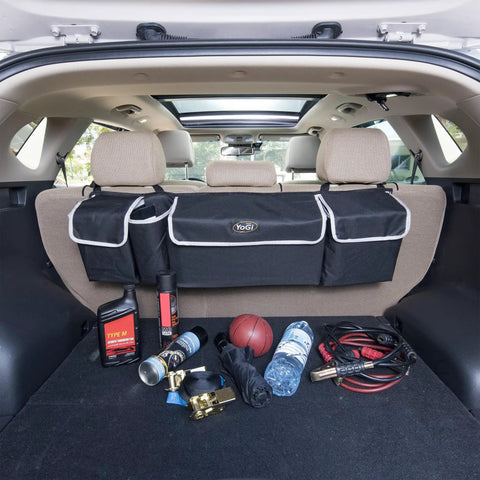 Durable Hanging Trunk Organizer for SUV With Four Pockets Waterproof Backseat Storage Solution Easy Install And Versatile Car Cargo Organizer That Keeps Trunk Neat And ClutterFree attached to backseat