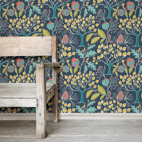 Groovy Garden Navy Peel And Stick Wallpaper For Walls Removable And Repositionable No Residue Easy To Install Vintage Woodland Pattern 20.5 Inch By 18 Feet Ideal For Rentals And DIY Decor