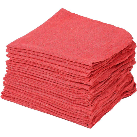 Stack of Heavy Duty 100 Percent Cotton Shop Towels Red 14 By 14 Inches 90 Towels Per Box Machine Washable Pre Laundered For Auto Shop And Industrial Use Quick Dry Hemmed Edges Absorbent And Reusable