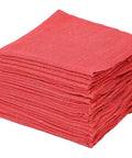 Stack of Red 14 W x 14 L 100% Cotton Shop Towels In A 25 Lb Box for Automotive, Print and Industrial Shop Use, showing hemmed edges.