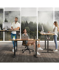 People working at Electric Standing Desk 48 By 24 Inches With Adjustable Height Sit Stand Design For Home Office overlooking forest view.