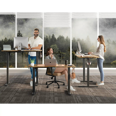 People working at Electric Standing Desk 48 By 24 Inches With Adjustable Height Sit Stand Design For Home Office overlooking forest view.