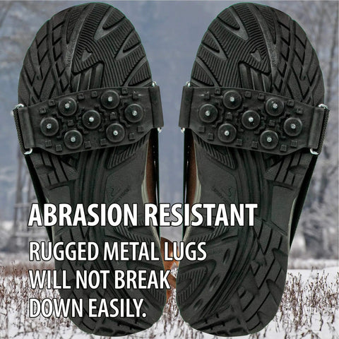 Close-up of Ice Claws Snow Traction Cleats 2 Pack Non Slip Grips For Ice And Snow Heavy Duty Rubber Treads With Steel Studs.