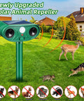Solar Powered Ultrasonic Deer And Animal Repellent For Yard And Garden Motion Activated Deterrent With 120 Degree PIR Sensor Scares Deer Squirrels Raccoons Rabbits Skunks Dogs In Outdoor Spaces Four Pack showcased on green lawn with animals in background and no-entry icons for various animals at bottom.