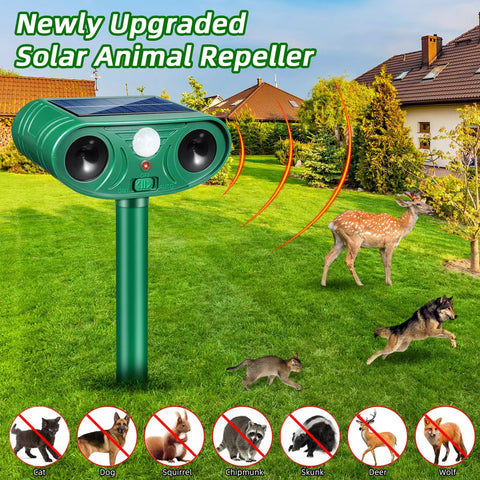 Solar Powered Ultrasonic Deer And Animal Repellent For Yard And Garden Motion Activated Deterrent With 120 Degree PIR Sensor Scares Deer Squirrels Raccoons Rabbits Skunks Dogs In Outdoor Spaces Four Pack showcased on green lawn with animals in background and no-entry icons for various animals at bottom.