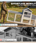 Portable Chicken Coop On Wheels With Run 80 Inch Long Wooden Hen House With Nesting Box Removable Tray And Ramp For Two To Three Hens Outdoor Poultry Cage In Gray Easy To Move in use by a person in a field