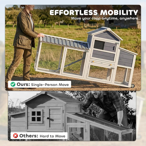 Portable Chicken Coop On Wheels With Run 80 Inch Long Wooden Hen House With Nesting Box Removable Tray And Ramp For Two To Three Hens Outdoor Poultry Cage In Gray Easy To Move in use by a person in a field