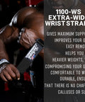 Man using 1100-WS extra-wide wrist straps in the gym for heavy lifting, showcasing grip and support features.