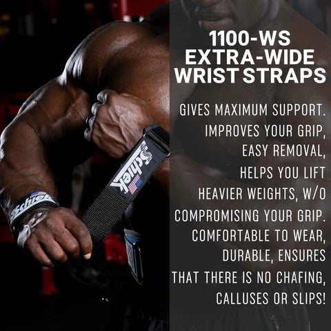 Man using 1100-WS extra-wide wrist straps in the gym for heavy lifting, showcasing grip and support features.