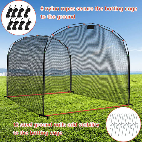 Portable Baseball And Softball Batting Cage Net With Frame For Backyard Practice, 13 ft long x 10 ft wide x 8 ft tall in a field