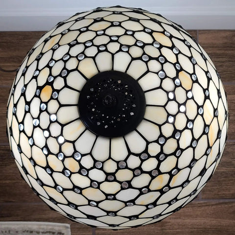 Top view of stained glass lampshade from stained glass banker jeweled table lamp with white and yellow shade, 26 inch tall vintage style