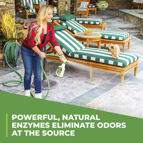 Woman using Pet Odor Eliminator Spray For Dogs With Natural Enzymes That Kicks Urine, Stool And Vomit Odors At The Source