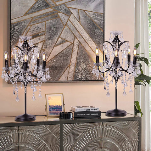 Dope Farmhouse Crystal Table Lamp With Five Candelabra Lights Black Finish 30 Inches Tall For Living Room Reading Room Bedroom